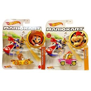 TANOOKI MARIO & BOWSER Pink Badwagon Hot Wheels Mario‎ Kart Die-Cast Karts Cars